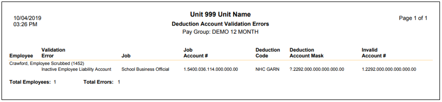 sample deduction account validation errors report